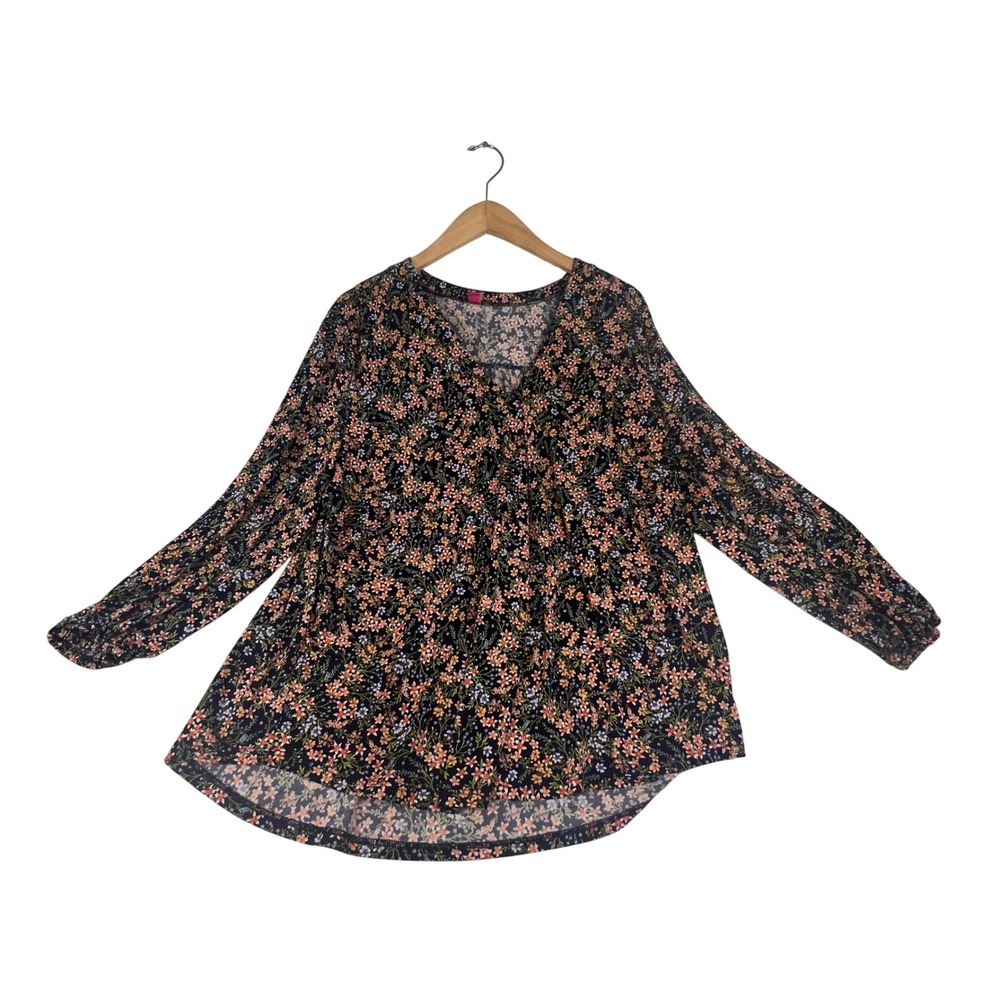Vince Camuto Floral V-Neck Blouse Long Sleeve Elastic Cuff High Low Hem Large